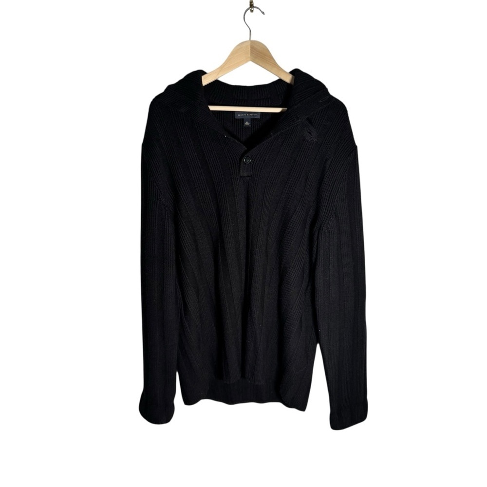 Banana Republic Men's Henley Sweater Merino Wool Ribbed Cowl Neck Black Size XL